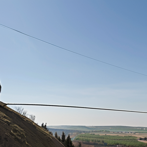 "A precarious tightrope walker, symbolizing Moldova, balancing between the EU flag on one side and a Russian bear on the other. Emphasize the tension and instability of the situation. In the background, subtle hints of Transnistria's silhouette."