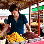 **A vibrant marketplace scene in Moldova. Focus on a young entrepreneur showcasing locally sourced, organic honey and dried fruits at a stall. In the background, capture the bustling atmosphere with potential customers, showcasing the growing interest in sustainable agriculture and local products.**