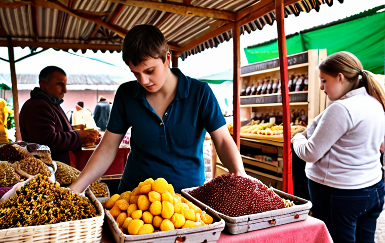 **A vibrant marketplace scene in Moldova. Focus on a young entrepreneur showcasing locally sourced, organic honey and dried fruits at a stall. In the background, capture the bustling atmosphere with potential customers, showcasing the growing interest in sustainable agriculture and local products.**