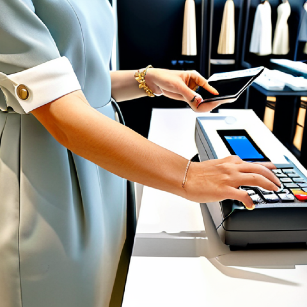 **

"A professional woman, fully clothed in a modest business dress, is using a contactless payment terminal in a stylish boutique in Milan, Italy. The store features high-end fashion items in the background. Safe for work, appropriate content, professional, perfect anatomy, well-formed hands, natural pose, high quality photo."

**