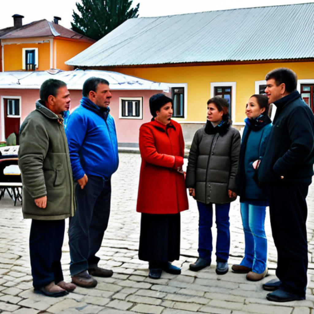 Linguistic Harmony**

"A diverse group of fully clothed people are gathered in a vibrant Moldovan village square. They are engaged in friendly conversation, some speaking Romanian, others Russian, and a few children are learning Gagauz. The scene is warm and inviting, showcasing the multicultural harmony of Moldova. Appropriate attire, safe for work, professional setting, perfect anatomy, correct proportions, natural poses, well-formed hands, proper finger count, natural body proportions, high quality, family-friendly."

**