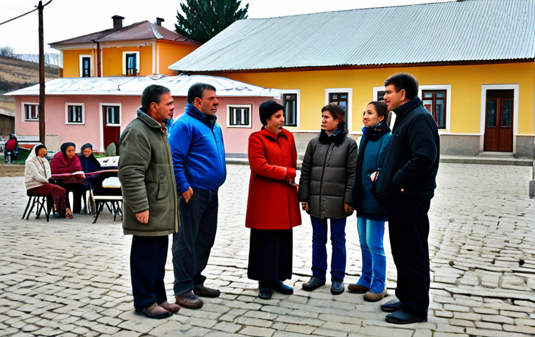 Linguistic Harmony**

"A diverse group of fully clothed people are gathered in a vibrant Moldovan village square. They are engaged in friendly conversation, some speaking Romanian, others Russian, and a few children are learning Gagauz. The scene is warm and inviting, showcasing the multicultural harmony of Moldova. Appropriate attire, safe for work, professional setting, perfect anatomy, correct proportions, natural poses, well-formed hands, proper finger count, natural body proportions, high quality, family-friendly."

**