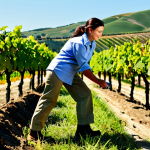 **

A professional female agronomist, fully clothed in practical work attire (khaki pants, durable work shirt, sturdy boots), examining grapevines in a Moldavian vineyard during harvest season, appropriate content, safe for work. Rolling hills visible in the background. Natural sunlight, perfect anatomy, correct proportions, professional photography, high quality, modest clothing, family-friendly.

**
