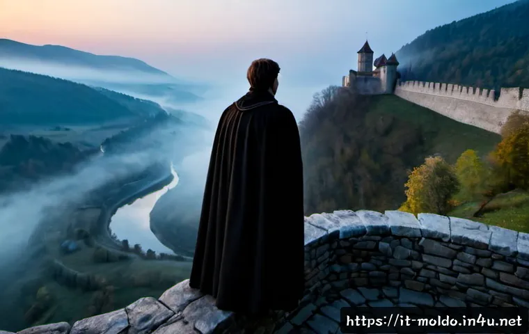 몰도바 드라큘라 전설 - Photorealistic cinematic view of a misty Moldovan hilltop fortress at dawn, rugged stone walls overl...